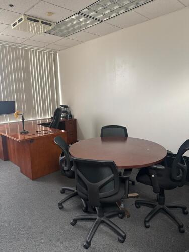 Executive Wood Desk with right return office chair, 48 inch round table with 4 chairs, Desk approximately dimensions 6 &lsquo; FT X 85&rdquo; x 30&rdquo; H, LOCATION: 2ND FLOOR