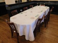 8FT LONG BANQUET TABLE - 8 PERSON DINING SET + (8) WOODEN CHAIRS - (LOCATION: 2ND FLOOR MAIN DINING AREA)