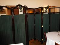 (2) 3-SECTION WOODEN ROOM DIVIDER (SIZE: 7FT TALL) W/ ATTACHED CURTAIN - (LOCATION: 2ND FLOOR DINING / BANQUET ROOM 1)