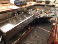 3-COMPARTMENT STAINLESS STEEL SINK W/ ATTACHED DRAIN BOARD, (2) STAINLESS STEEL ICE BINS, + (2) SMALL STAINLESS STEEL SINKS - (LOCATION: MAIN 1ST FLOOR BAR NEAR ENTRANCE)