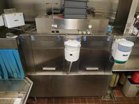 HOBART DISHWASHING STATION W/ STAINLESS STEEL COUNTER, SHELVING W/ (2) ATTACHED SINKS - (LOCATION: 1ST FLOOR KITCHEN)