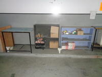 (2) tables, (2) shelf units, paint rollers and sundries