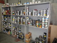 3 Bays of steel framed adjustable shelving and contents of assorted inks