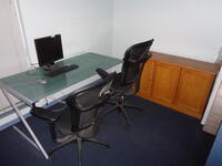 Glass desk, 2 office chairs and 2 credenzas