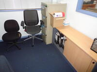 Steel filing cabinet, 2 chairs, credenza, heater and laminated shelf unit