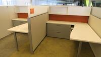 LOT OF 4 ARRANGED HIVE STYLE, HERMAN MILLER "CANVAS OFFICE LANDSCAPE" CUBICLES, BASIC CONFIGURATION AS FOLLOWS: 6' X 6' FOOTPRINT EACH, FT110 FRAMES, FT117 ARCHITECTURAL FEET, FT160 FINISHED ENDS, FT114 FRAME TOP SCREENS, FT128 CONNECTORS, FT380 FRAME TIL