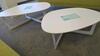 LOT OF 2, JORGENSEN "INSULA" METAL TABLES, WHITE, SMALL TABLE IS 12" TALL, LARGE TABLE IS 13" TALL. INSULA IS A FLEXIBLE TABLE SERIES AVAILABLE AS BAR TABLE, COFFEE TABLE, DINING TABLE AND COFERENCE TABLE. THE ORGANIC AND ASYMMETRICAL SHAPE CONTRASTS RECT - 2