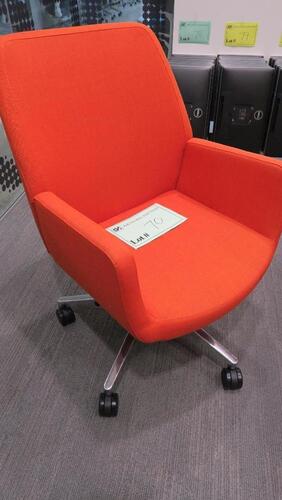 STEELCASE "BINDU" CONFERENCE CHAIR BY COALESSE, MID HIGH BACK, FLEX BACK, SEAT HEIGHT ADJUSTMENT, BACK TENSION ADJUSTMENT, UPRIGHT BACK LOCK, 5 STAR BASE WITH CASTERS, ORANGE FABRIC. MSRP $1639