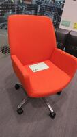 STEELCASE "BINDU" CONFERENCE CHAIR BY COALESSE, MID HIGH BACK, FLEX BACK, SEAT HEIGHT ADJUSTMENT, BACK TENSION ADJUSTMENT, UPRIGHT BACK LOCK, 5 STAR BASE WITH CASTERS, ORANGE FABRIC. MSRP $1639