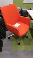 STEELCASE "BINDU" CONFERENCE CHAIR BY COALESSE, MID HIGH BACK, FLEX BACK, SEAT HEIGHT ADJUSTMENT, BACK TENSION ADJUSTMENT, UPRIGHT BACK LOCK, 5 STAR BASE WITH CASTERS, ORANGE FABRIC. MSRP $1639