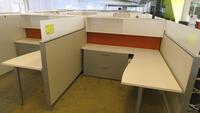 LOT OF 4 ARRANGED HIVE STYLE, HERMAN MILLER "CANVAS OFFICE LANDSCAPE" CUBICLES, BASIC CONFIGURATION AS FOLLOWS: 6' X 6' FOOTPRINT EACH, FT110 FRAMES, FT117 ARCHITECTURAL FEET, FT160 FINISHED ENDS, FT114 FRAME TOP SCREENS, FT128 CONNECTORS, FT380 FRAME TIL