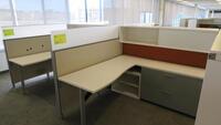 LOT OF 4 ARRANGED HIVE STYLE, HERMAN MILLER "CANVAS OFFICE LANDSCAPE" CUBICLES, BASIC CONFIGURATION AS FOLLOWS: 6' X 6' FOOTPRINT EACH, FT110 FRAMES, FT117 ARCHITECTURAL FEET, FT160 FINISHED ENDS, FT114 FRAME TOP SCREENS, FT128 CONNECTORS, FT380 FRAME TIL