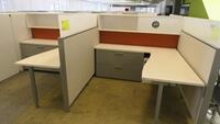 LOT OF 4 ARRANGED HIVE STYLE, HERMAN MILLER "CANVAS OFFICE LANDSCAPE" CUBICLES, BASIC CONFIGURATION AS FOLLOWS: 6' X 6' FOOTPRINT EACH, FT110 FRAMES, FT117 ARCHITECTURAL FEET, FT160 FINISHED ENDS, FT114 FRAME TOP SCREENS, FT128 CONNECTORS, FT380 FRAME TIL