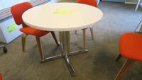 HERMAN MILLER "EVERYWHERE TABLE", SQUARE EDGE, 36" DIAMETER ROUND TOP, 28" TALL, WHITE LAMINATE, 4 COLUMN POLISHED BASE, DT1CS36LX. MSRP $1210