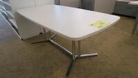 HERMAN MILLER "EVERYWHERE TABLE", SQUARE EDGE, SOFT RECTANGLE 36" X 72" TOP, WHITE LAMINATE, DUAL COULMN POLISHED BASE WITH SPANNER. MSRP $2380