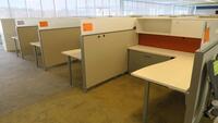 LOT OF 8 ARRANGED HIVE STYLE, HERMAN MILLER "CANVAS OFFICE LANDSCAPE" CUBICLES, BASIC CONFIGURATION AS FOLLOWS: 6' X 6' FOOTPRINT EACH, FT110 FRAMES, FT117 ARCHITECTURAL FEET, FT160 FINISHED ENDS, FT114 FRAME TOP SCREENS, FT128 CONNECTORS, FT380 FRAME TIL