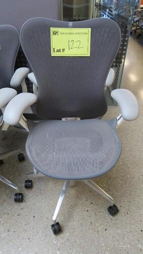 HERMAN MILLER "MIRA 2" PERFORMANCE WORK CHAIR, TILT LIMITER WITH SEAT ANGLE ADJUSTMENT, ADJUSTABLE ARMS, FLEXFRONT ADJUSTABLE DEPTH SEAT, BUTTERFLY SUSPENSION BACK, ADJUSTABLE LUMBAR SUPPORT, SEMI-POLISHED BASE WITH STUDIO WHITE FRAME, 2.5" STANDARD CASTE