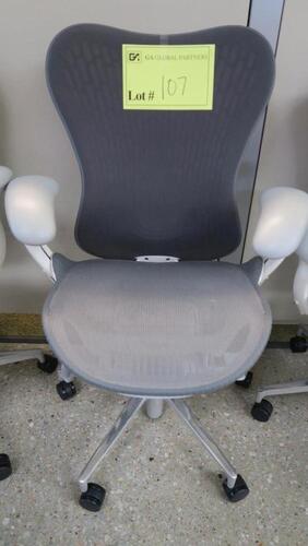 HERMAN MILLER "MIRA 2" PERFORMANCE WORK CHAIR, TILT LIMITER WITH SEAT ANGLE ADJUSTMENT, ADJUSTABLE ARMS, FLEXFRONT ADJUSTABLE DEPTH SEAT, BUTTERFLY SUSPENSION BACK, ADJUSTABLE LUMBAR SUPPORT, SEMI-POLISHED BASE WITH STUDIO WHITE FRAME, 2.5" STANDARD CASTE