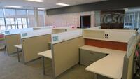 LOT OF 6 ARRANGED HIVE STYLE, HERMAN MILLER "CANVAS OFFICE LANDSCAPE" CUBICLES, BASIC CONFIGURATION AS FOLLOWS: 6' X 6' FOOTPRINT EACH, FT110 FRAMES, FT117 ARCHITECTURAL FEET, FT160 FINISHED ENDS, FT114 FRAME TOP SCREENS, FT128 CONNECTORS, FT380 FRAME TIL