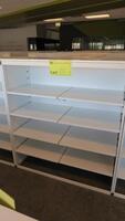 WHITE STEEL OPEN FACE STORAGE CABINET, FRONT AND BACK SHELF RAILS, FULLY ADJUSTABLE. W 48" X D 20" X H 56", CONFIGURED AS SHOWN. MSRP $750 EACH.