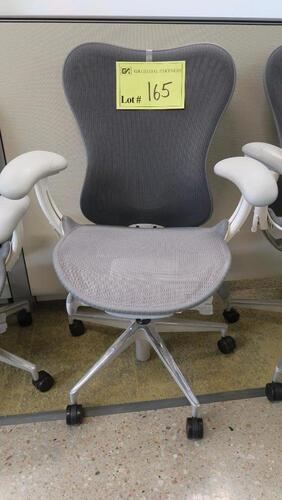 HERMAN MILLER "MIRA 2" PERFORMANCE WORK CHAIR, TILT LIMITER WITH SEAT ANGLE ADJUSTMENT, ADJUSTABLE ARMS, FLEXFRONT ADJUSTABLE DEPTH SEAT, BUTTERFLY SUSPENSION BACK, ADJUSTABLE LUMBAR SUPPORT, SEMI-POLISHED BASE WITH STUDIO WHITE FRAME, 2.5" STANDARD CASTE
