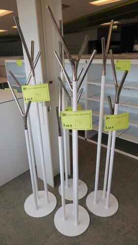 LOT OF 4, HORNE "WISHBONE" COAT STAND, WHITE BASE, CHROME WISHBONES. THIS UNIQUE AND MODERN COAT STAND WITH CHROMED "WISHBONE" FEATURE WAS DESIGNED BY COPENHAGEN DESIGN DUO BUSK + HERTZOG. MSRP $850 EACH.