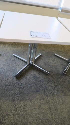 HERMAN MILLER "EVERYWHERE" TABLE, SQUARE TOP, 32" X 32", WHITE LAMINTAE, 28" HEIGHT, POLISHED 4 LEG BASE. MSRP $950