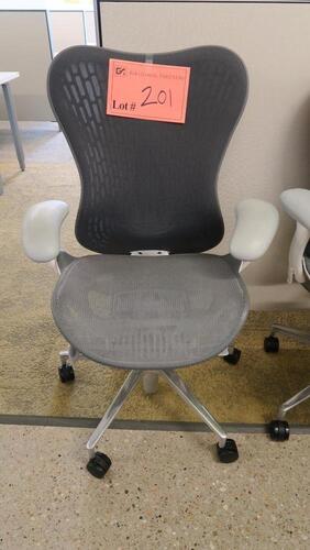 HERMAN MILLER "MIRA 2" PERFORMANCE WORK CHAIR, TILT LIMITER WITH SEAT ANGLE ADJUSTMENT, ADJUSTABLE ARMS, FLEXFRONT ADJUSTABLE DEPTH SEAT, BUTTERFLY SUSPENSION BACK, ADJUSTABLE LUMBAR SUPPORT, SEMI-POLISHED BASE WITH STUDIO WHITE FRAME, 2.5" STANDARD CASTE