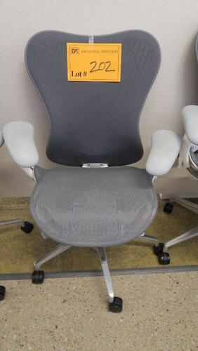 HERMAN MILLER "MIRA 2" PERFORMANCE WORK CHAIR, TILT LIMITER WITH SEAT ANGLE ADJUSTMENT, ADJUSTABLE ARMS, FLEXFRONT ADJUSTABLE DEPTH SEAT, BUTTERFLY SUSPENSION BACK, ADJUSTABLE LUMBAR SUPPORT, SEMI-POLISHED BASE WITH STUDIO WHITE FRAME, 2.5" STANDARD CASTE