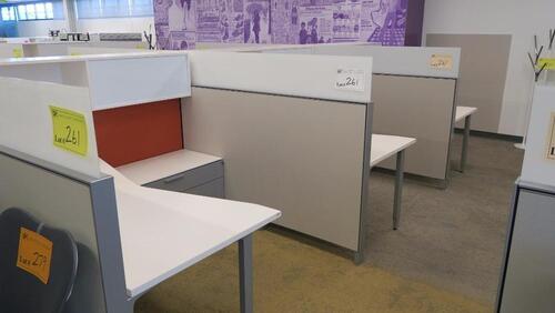 LOT OF 6 ARANGED HIVE STYLE, HERMAN MILLER "CANVAS OFFICE LANDSCAPE" CUBICLES, BASIC CONFIGURATION AS FOLLOWS: 6' X 6' FOOTPRINT EACH, FT110 FRAMES, FT117 ARCHITECTURAL FEET, FT160 FINISHED ENDS, FT114 FRAME TOP SCREENS, FT128 CONNECTORS, FT380 FRAME TILE