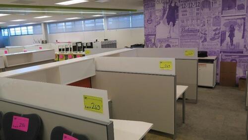 LOT OF 4, HALF ARRANGED HIVE STYLE, HALF ARRANGED BULLPEN STYLE. HERMAN MILLER "CANVAS OFFICE LANDSCAPE" CUBICLES, BASIC CONFIGURATION AS FOLLOWS: 6' X 6' FOOTPRINT EACH, FT110 FRAMES, FT117 ARCHITECTURAL FEET, FT160 FINISHED ENDS, FT114 FRAME TOP SCREENS