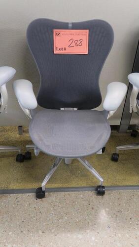 HERMAN MILLER "MIRA 2" PERFORMANCE WORK CHAIR, TILT LIMITER WITH SEAT ANGLE ADJUSTMENT, ADJUSTABLE ARMS, FLEXFRONT ADJUSTABLE DEPTH SEAT, BUTTERFLY SUSPENSION BACK, ADJUSTABLE LUMBAR SUPPORT, SEMI-POLISHED BASE WITH STUDIO WHITE FRAME, 2.5" STANDARD CASTE