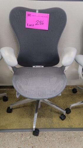 HERMAN MILLER "MIRA 2" PERFORMANCE WORK CHAIR, TILT LIMITER WITH SEAT ANGLE ADJUSTMENT, ADJUSTABLE ARMS, FLEXFRONT ADJUSTABLE DEPTH SEAT, BUTTERFLY SUSPENSION BACK, ADJUSTABLE LUMBAR SUPPORT, SEMI-POLISHED BASE WITH STUDIO WHITE FRAME, 2.5" STANDARD CASTE