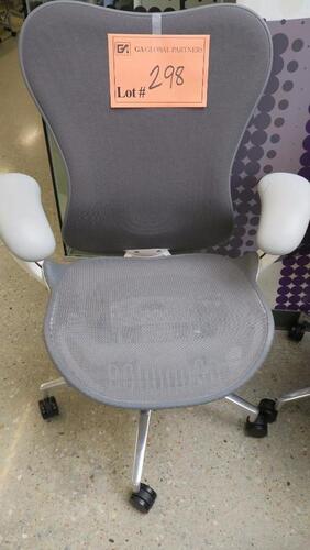 HERMAN MILLER "MIRA 2" PERFORMANCE WORK CHAIR, TILT LIMITER WITH SEAT ANGLE ADJUSTMENT, ADJUSTABLE ARMS, FLEXFRONT ADJUSTABLE DEPTH SEAT, BUTTERFLY SUSPENSION BACK, ADJUSTABLE LUMBAR SUPPORT, SEMI-POLISHED BASE WITH STUDIO WHITE FRAME, 2.5" STANDARD CASTE