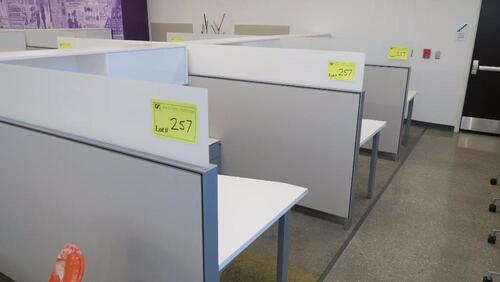 LOT OF 6 ARANGED HIVE STYLE, HERMAN MILLER "CANVAS OFFICE LANDSCAPE" CUBICLES, BASIC CONFIGURATION AS FOLLOWS: 6' X 6' FOOTPRINT EACH, FT110 FRAMES, FT117 ARCHITECTURAL FEET, FT160 FINISHED ENDS, FT114 FRAME TOP SCREENS, FT128 CONNECTORS, FT380 FRAME TILE