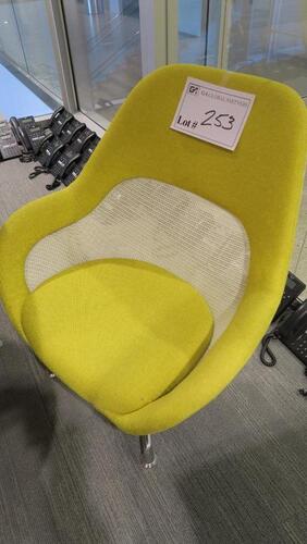 STEELCASE "SW 1" LOUNGE CHAIR BY COALESSE, LOW BACK, 4 STAR BASE, POLISHED FRAME, SWIVEL RETURN, GOLD CLOTH. MSRP $1876