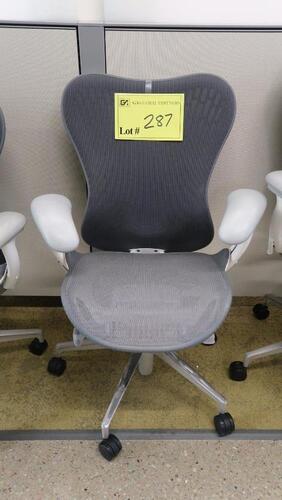 HERMAN MILLER "MIRA 2" PERFORMANCE WORK CHAIR, TILT LIMITER WITH SEAT ANGLE ADJUSTMENT, ADJUSTABLE ARMS, FLEXFRONT ADJUSTABLE DEPTH SEAT, BUTTERFLY SUSPENSION BACK, ADJUSTABLE LUMBAR SUPPORT, SEMI-POLISHED BASE WITH STUDIO WHITE FRAME, 2.5" STANDARD CASTE