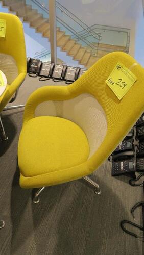 STEELCASE "SW 1" LOUNGE CHAIR BY COALESSE, LOW BACK, 4 STAR BASE, POLISHED FRAME, SWIVEL RETURN, GOLD CLOTH. MSRP $1876