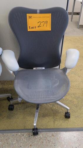 HERMAN MILLER "MIRA 2" PERFORMANCE WORK CHAIR, TILT LIMITER WITH SEAT ANGLE ADJUSTMENT, ADJUSTABLE ARMS, FLEXFRONT ADJUSTABLE DEPTH SEAT, BUTTERFLY SUSPENSION BACK, ADJUSTABLE LUMBAR SUPPORT, SEMI-POLISHED BASE WITH STUDIO WHITE FRAME, 2.5" STANDARD CASTE