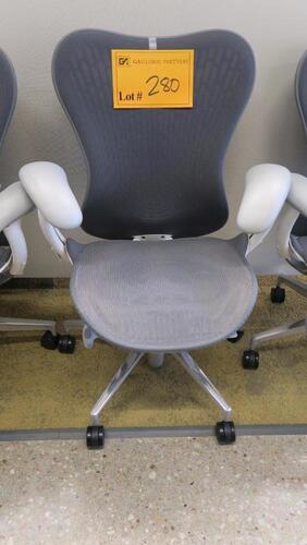 HERMAN MILLER "MIRA 2" PERFORMANCE WORK CHAIR, TILT LIMITER WITH SEAT ANGLE ADJUSTMENT, ADJUSTABLE ARMS, FLEXFRONT ADJUSTABLE DEPTH SEAT, BUTTERFLY SUSPENSION BACK, ADJUSTABLE LUMBAR SUPPORT, SEMI-POLISHED BASE WITH STUDIO WHITE FRAME, 2.5" STANDARD CASTE