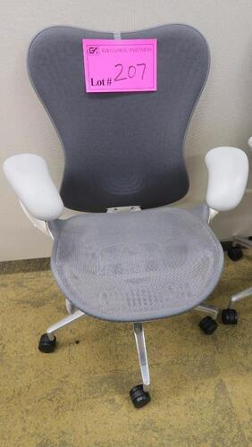 HERMAN MILLER "MIRA 2" PERFORMANCE WORK CHAIR, TILT LIMITER WITH SEAT ANGLE ADJUSTMENT, ADJUSTABLE ARMS, FLEXFRONT ADJUSTABLE DEPTH SEAT, BUTTERFLY SUSPENSION BACK, ADJUSTABLE LUMBAR SUPPORT, SEMI-POLISHED BASE WITH STUDIO WHITE FRAME, 2.5" STANDARD CASTE