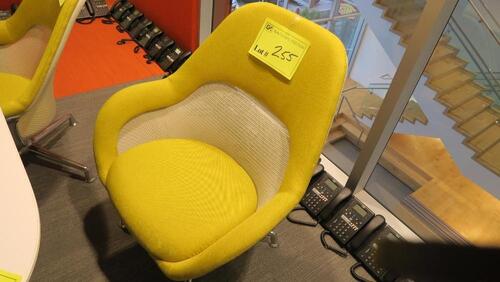 STEELCASE "SW 1" LOUNGE CHAIR BY COALESSE, LOW BACK, 4 STAR BASE, POLISHED FRAME, SWIVEL RETURN, GOLD CLOTH. MSRP $1876