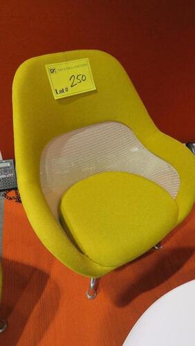 STEELCASE "SW 1" LOUNGE CHAIR BY COALESSE, LOW BACK, 4 STAR BASE, POLISHED FRAME, SWIVEL RETURN, GOLD CLOTH. MSRP $1876