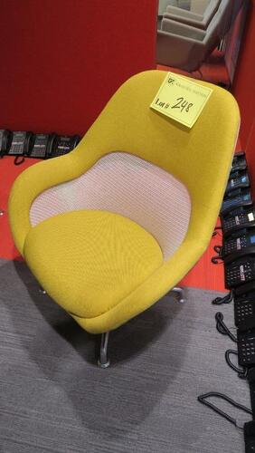 STEELCASE "SW 1" LOUNGE CHAIR BY COALESSE, LOW BACK, 4 STAR BASE, POLISHED FRAME, SWIVEL RETURN, GOLD CLOTH. MSRP $1876