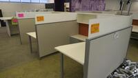 LOT OF 2 ARRANGED HIVE STYLE. HERMAN MILLER "CANVAS OFFICE LANDSCAPE" CUBICLES, BASIC CONFIGURATION AS FOLLOWS: 6' X 6' FOOTPRINT EACH, FT110 FRAMES, FT117 ARCHITECTURAL FEET, FT160 FINISHED ENDS, FT114 FRAME TOP SCREENS, FT128 CONNECTORS, FT380 FRAME TIL