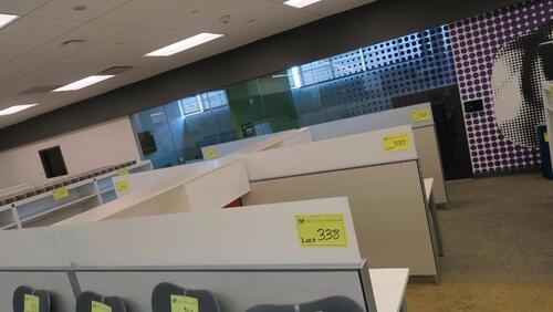 LOT OF 4 ARRANGED HIVE STYLE, HERMAN MILLER "CANVAS OFFICE LANDSCAPE" CUBICLES, BASIC CONFIGURATION AS FOLLOWS: 6' X 6' FOOTPRINT EACH, FT110 FRAMES, FT117 ARCHITECTURAL FEET, FT160 FINISHED ENDS, FT114 FRAME TOP SCREENS, FT128 CONNECTORS, FT380 FRAME TIL