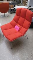 KNOLL "JEHS + LAUB" LOUNGE CHAIR, MOLDED AND REINFORCED URETHANE SHELL, POLYURETHANE FOAM WITH POLYESTER-FIBER UPHOLSTRY BACKING, HIDDEN SEAM TUFTING, POLISHED CHROME WIRE BASE, RED FABRIC. MSRP $5000