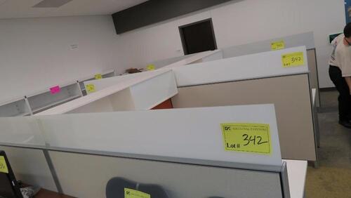 LOT OF 4 ARRANGED HIVE STYLE, HERMAN MILLER "CANVAS OFFICE LANDSCAPE" CUBICLES, BASIC CONFIGURATION AS FOLLOWS: 6' X 6' FOOTPRINT EACH, FT110 FRAMES, FT117 ARCHITECTURAL FEET, FT160 FINISHED ENDS, FT114 FRAME TOP SCREENS, FT128 CONNECTORS, FT380 FRAME TIL