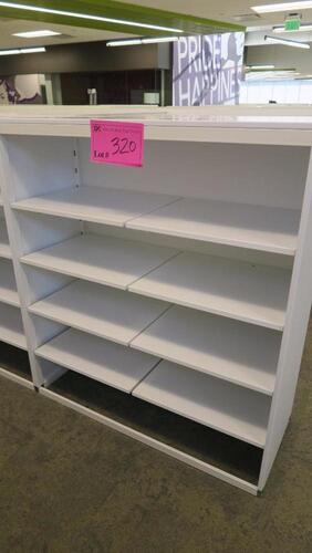 WHITE STEEL OPEN FACE STOREGE CABINET, FRONT AND BACK SHELF RAILS, FULLY ADJUSTABLE. W 48" X D 20" X H 56", CONFIGURED AS SHOWN. MSRP $750 EACH.