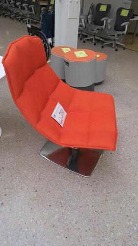 KNOLL "JEHS + LAUB" LOUNGE CHAIR, MOLDED AND REINFORCED URETHANE SHELL, POLYURETHANE FOAM WITH POLYESTER-FIBER UPHOLSTRY BACKING, HIDDEN SEAM TUFTING, POLISHED CHROME WIRE BASE, RED FABRIC. MSRP $5000